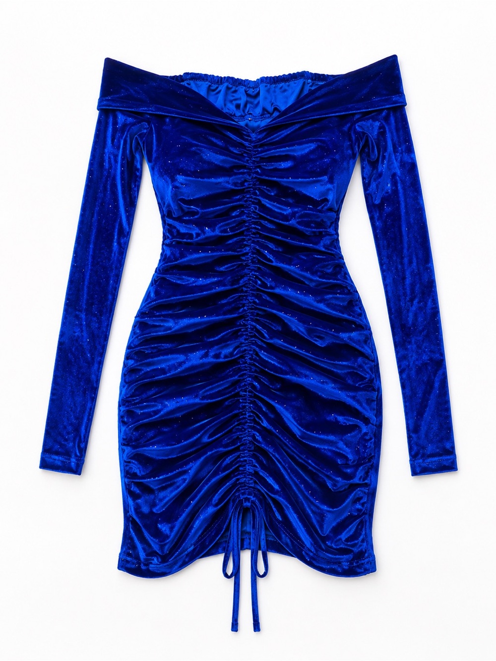 Off-Shoulder Royal Blue Velvet Ruched Bodycon Dress - Picture 2 of 3